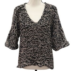 Duffy Chunky Knit Short Sleeve Cotton Sweater Size XS Runs Full Black Cream